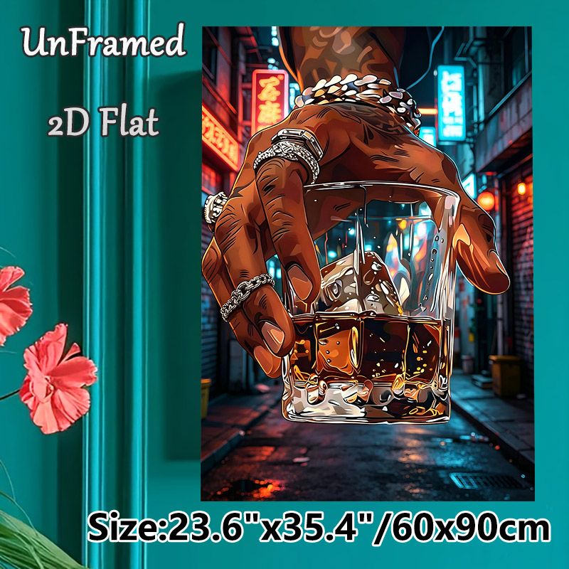 Whiskey Hand In Night City Painting Poster, Vibrant Cyberpunk-style Poster, Glowing Urban Alley Scene With Adorned Hand Holding Whiskey Glass_maomaolike.com