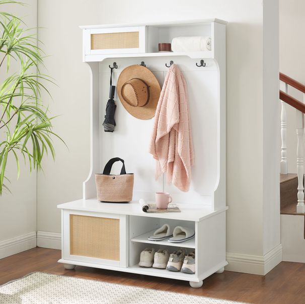Clothes Hanger Hall Tree Storage Bench Shoe Rack For Entryway, Hall Tree With Bench And Shoe Storage, Hall Tree Entryway Bench With Rattan Door White, 40.16"W*18.58"D*64.17"H_maomaolike.com