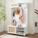Clothes Hanger Hall Tree Storage Bench Shoe Rack For Entryway, Hall Tree With Bench And Shoe Storage, Hall Tree Entryway Bench With Rattan Door White, 40.16"W*18.58"D*64.17"H_maomaolike.com