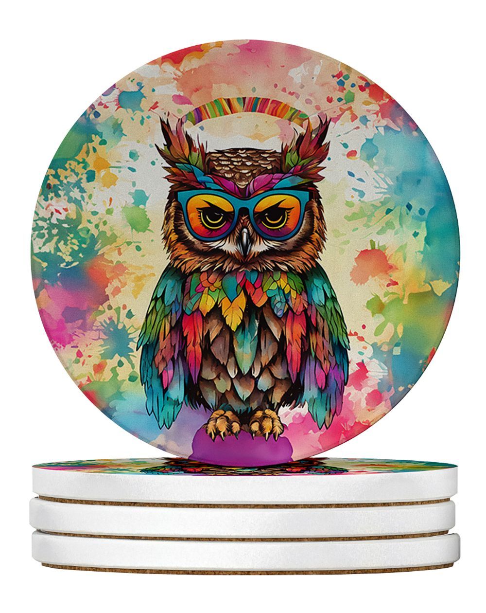 Hippie Animal Owl Large Sandstone Coasters Pack Of 4 Absorbent Round Coasters Decor Gifts For Men Or Women, 4 In, Multicolor_maomaolike.com