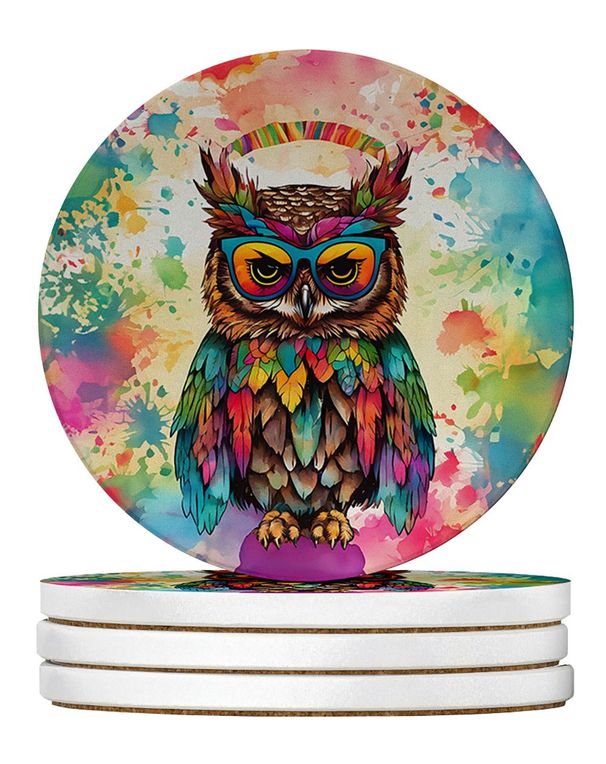 Hippie Animal Owl Large Sandstone Coasters Pack Of 4 Absorbent Round Coasters Decor Gifts For Men Or Women, 4 In, Multicolor_maomaolike.com