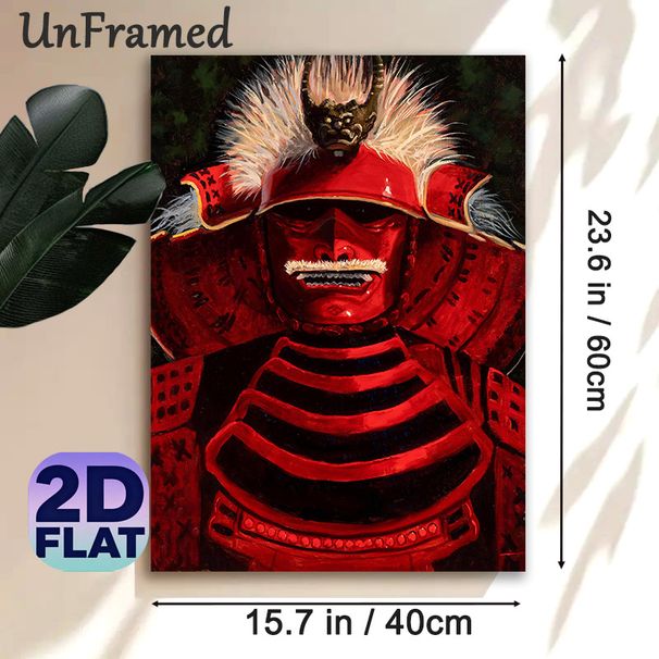Samurai Themed Painting Poster, Vivid Dark-toned Red Armored Samurai Portrait Poster, Striking Cultural Artwork Ideal For Home Office, Living Room_maomaolike.com