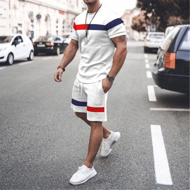 Men's Clothing home leisure men's thin short-sleeved sports striped round neck fitness suit men's T-shirt trendy two-piece suit_maomaolike.com