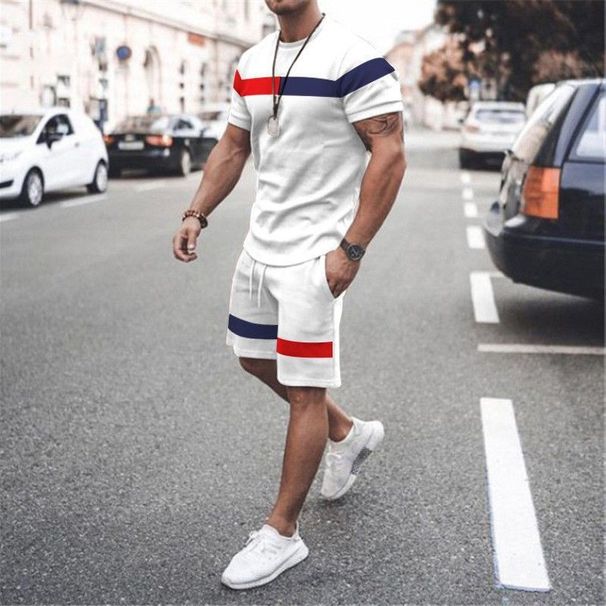 Men's Clothing home leisure men's thin short-sleeved sports striped round neck fitness suit men's T-shirt trendy two-piece suit_maomaolike.com