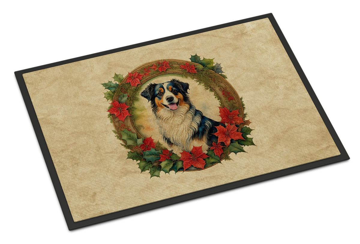 Australian Shepherd Christmas Flowers Doormat Front Door Mat Indoor Outdoor Rugs For Entryway, Non Slip Washable Low Pile, 24H X 36W_maomaolike.com