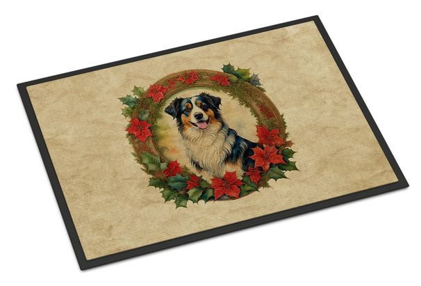 Australian Shepherd Christmas Flowers Doormat Front Door Mat Indoor Outdoor Rugs For Entryway, Non Slip Washable Low Pile, 24H X 36W_maomaolike.com