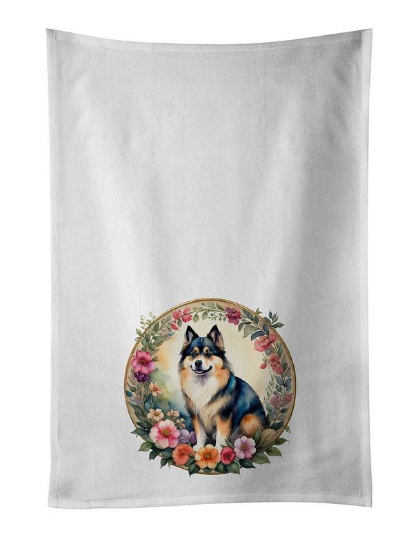 Finnish Lapphund And Flowers Kitchen Towel Set Of 2 White Dish Towels Decorative Bathroom Hand Towel For Hand, Face, Hair, Yoga, Tea, Dishcloth, 19 X 28", White_maomaolike.com