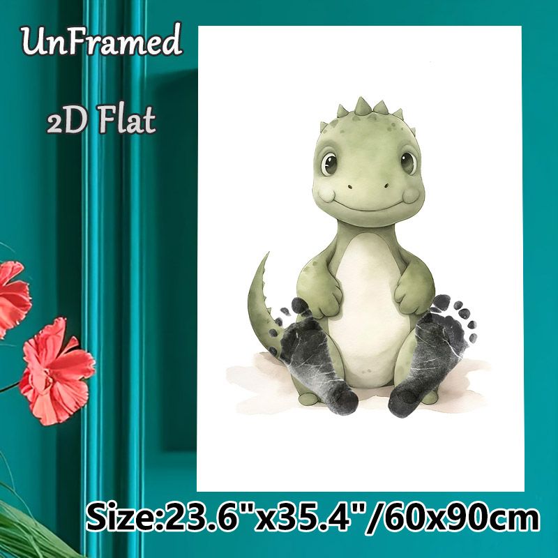 Cute Baby Dinosaur Painting Poster, Soft Watercolor Style Green Dinosaur With Footprint Accents Poster, Warm Whimsical Decor For Bedroom & Living Room_maomaolike.com