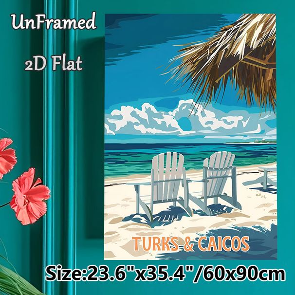 Turks & Caicos Beach Painting Poster, Vibrant Retro Travel Style Poster, Relaxing Coastal Scene With Beach Chairs, Ideal For Bedroom, Living Room Or_maomaolike.com