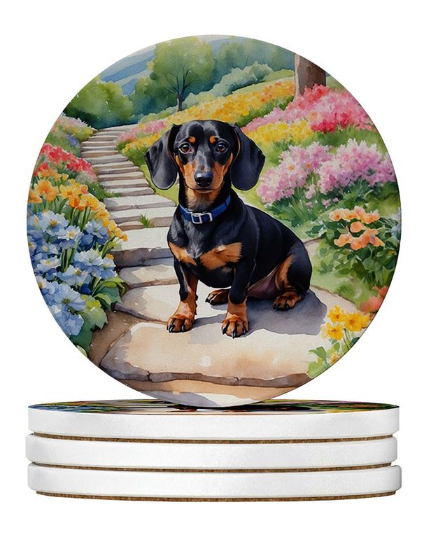 Dachshund Spring Path Large Sandstone Coasters Pack Of 4 Absorbent Round Coasters Decor Gifts For Men Or Women, 4 In, Multicolor_maomaolike.com