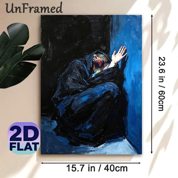 Expressive Seated Figure Painting Poster, Bold Impasto Style Poster, Dramatic Dark & Blue Toned Figure With Raised Hand, Evocative Artistic Decor_maomaolike.com