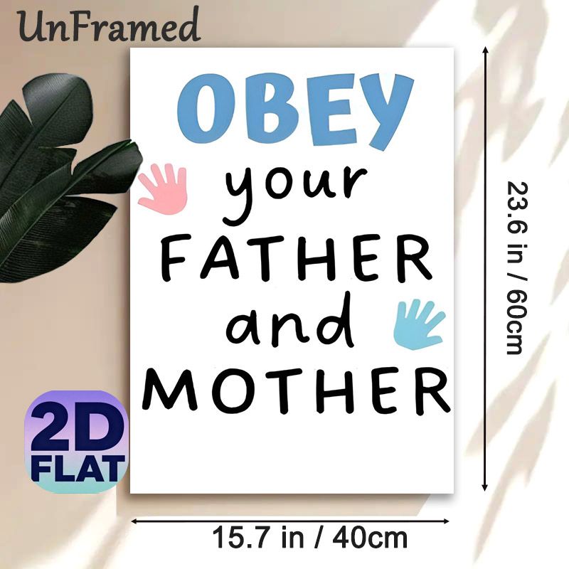 Family Respect Quote Painting Poster, Cute Hand-drawn Style With Pink & Blue Hand Prints Poster, Warm Reminder Of Honoring Parents, Suitable For Home_maomaolike.com