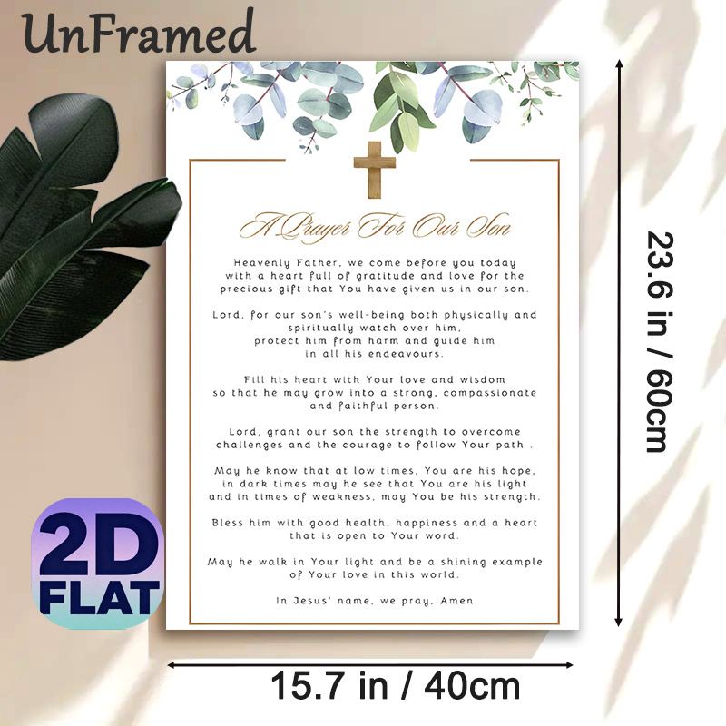 A Prayer For Our Son Painting Poster, Soft Watercolor Eucalyptus & Cross Accented Poster, Inspirational Religious Prayer Text, Ideal For Home Bedroom_maomaolike.com