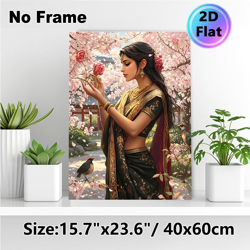 Traditional Indian Lady Painting Poster, Exquisite Vibrant Artistic Poster, Elegant Lady In Ornate Sari Among Blooming Cherry Blossoms And Birds_maomaolike.com