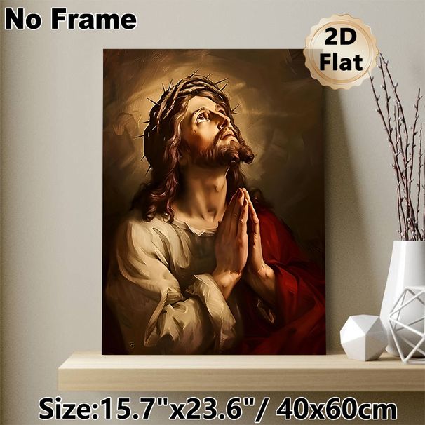 Jesus Themed Painting Poster, Realistic Warm-toned Sacred Portrait With Crown Of Thorns Poster, Creates Serene Spiritual Vibe, Ideal For Home, Prayer_maomaolike.com
