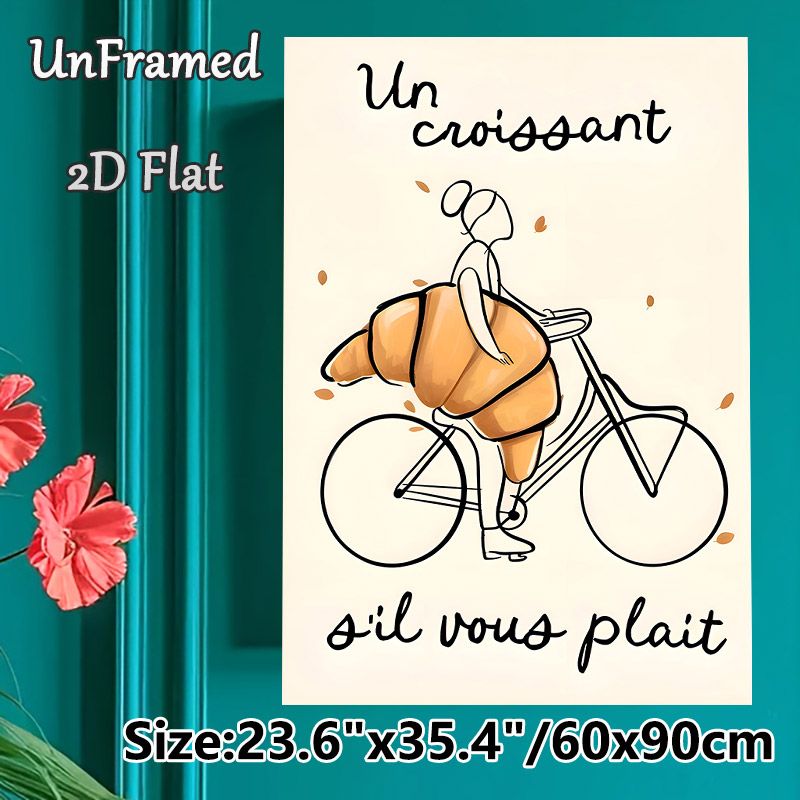 Croissant & Bicycle Themed Painting Poster, Whimsical Minimalist Line Art Poster, Playful Design With French Text And Oversized Croissant_maomaolike.com