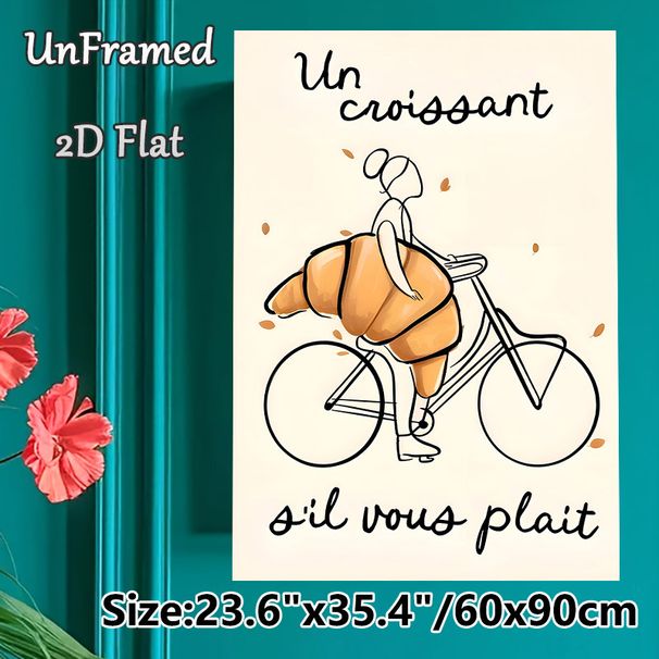 Croissant & Bicycle Themed Painting Poster, Whimsical Minimalist Line Art Poster, Playful Design With French Text And Oversized Croissant_maomaolike.com