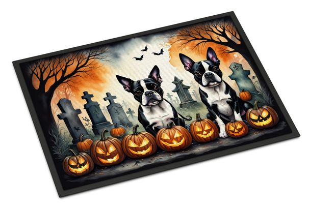Boston Terrier Spooky Halloween Doormat Front Door Mat Indoor Outdoor Rugs For Entryway, Non Slip Washable Low Pile, 24H X 36W_maomaolike.com