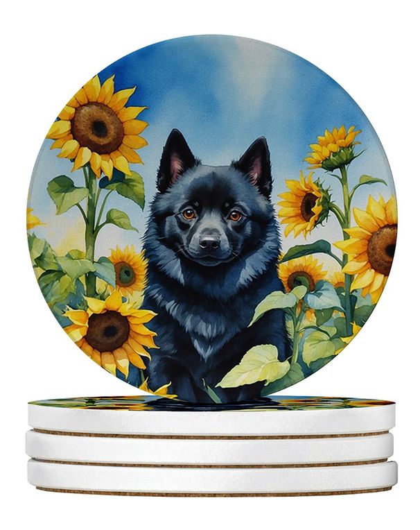 Schipperke In Sunflowers Large Sandstone Coasters Pack Of 4 Absorbent Round Coasters Decor Gifts For Men Or Women, 4 In, Multicolor_maomaolike.com