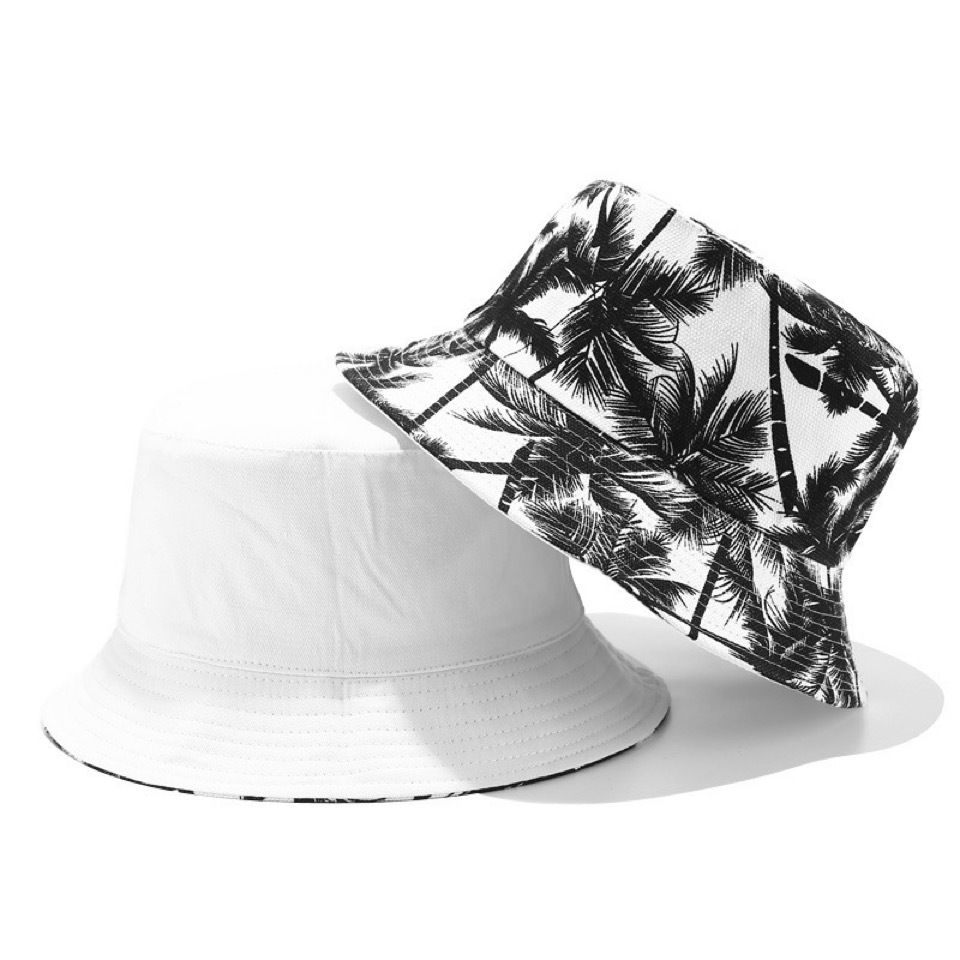 Hot Sale Unisex Reversible Double Sided Black Coconut Tree Printed Fisherman Caps Bucket Hats Men Women Outdoor Travel Visor_maomaolike.com