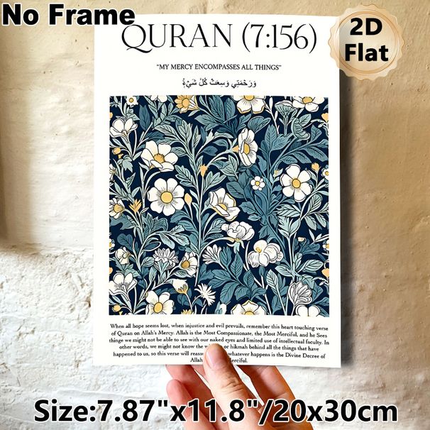 Quran Verse (7:156) Floral Painting Poster, Rich Dark Blue Vintage Floral Pattern Poster, Inspirational Religious Verse Decor Suitable For Home_maomaolike.com