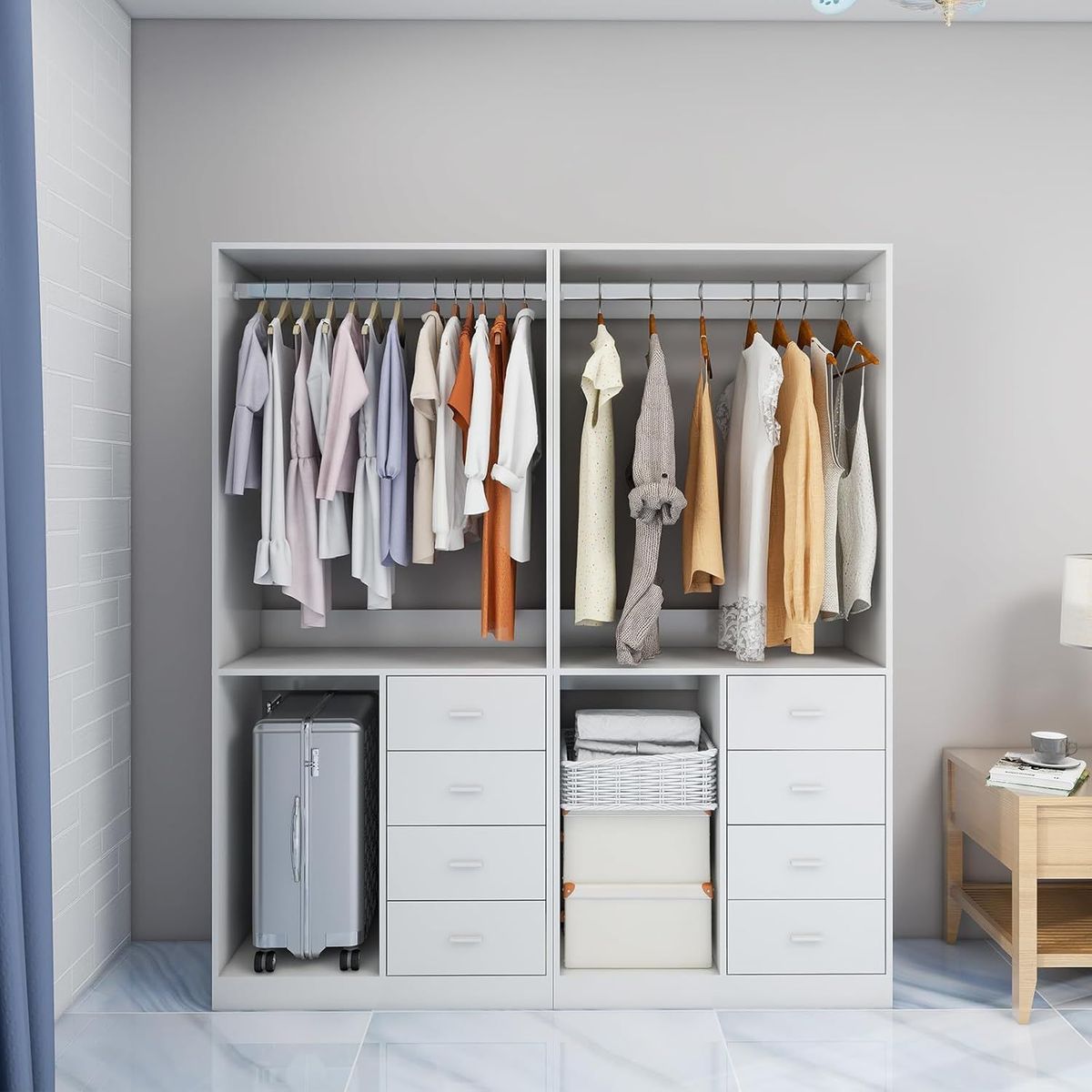 Closet Organizer System, Closet System With Drawers, Clothes Organizer With Closet Shelves Wall Mounted, White Wardrobe Closet With Clothing Racks For Hanging Clothes(64"W X 16"D X 71"H)_maomaolike.com