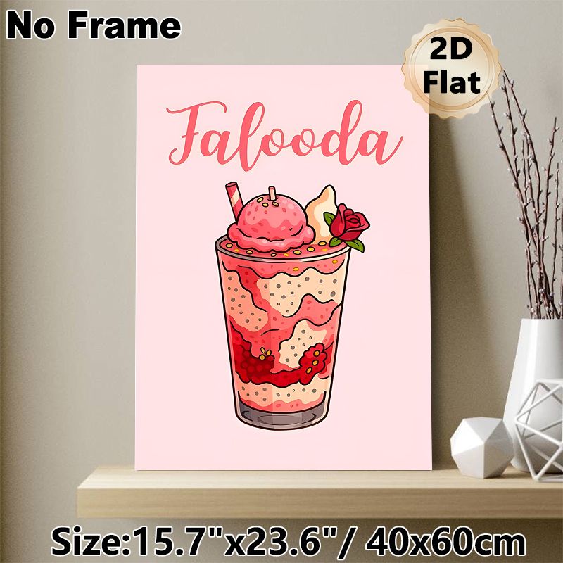 Falooda Themed Painting Poster, Soft Pink Cartoon Style Layered Falooda Drink Poster, Vibrant Cute Design Ideal For Dining Room And Kitchen Decor_maomaolike.com