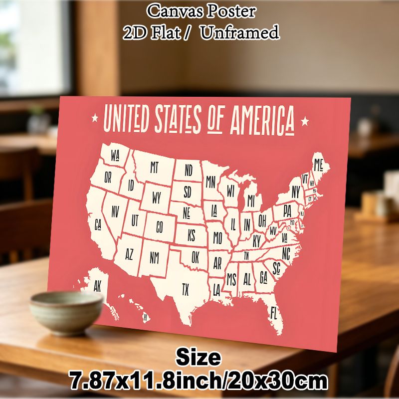 US Map Themed Painting Poster, Minimalist Retro Coral-toned US Map Poster, Clear State Abbreviations For Geographic Reference, Ideal For Home Office_maomaolike.com