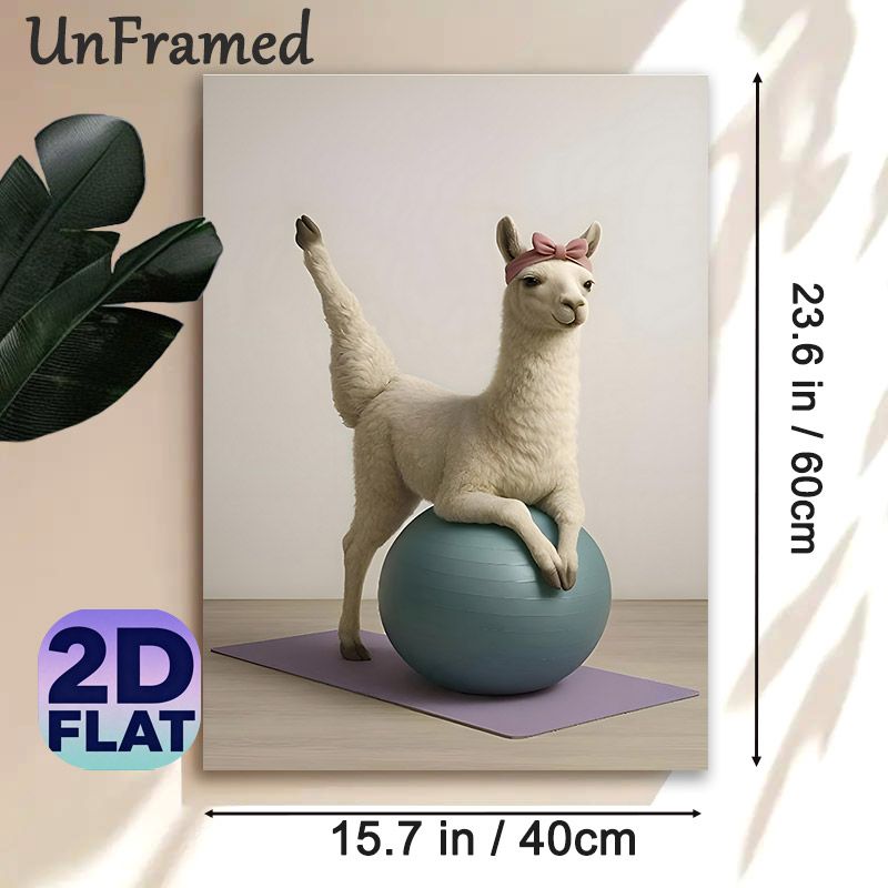 Yoga Llama Painting Poster, Cute Whimsical Llama With Pink Headband Doing Yoga On Exercise Ball Poster, Playful Decorative Piece Ideal For Gym, Home_maomaolike.com