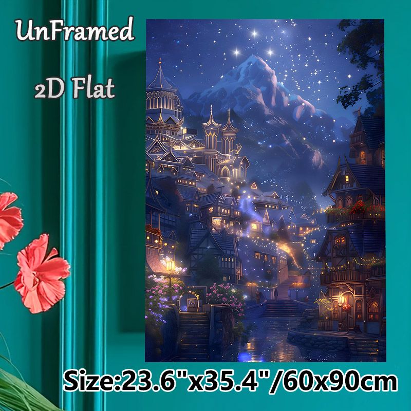 Starry Mountain Village Painting Poster, Enchanting Magical Fantasy Night Scene Poster, Soft Glowing Lights Create Cozy Atmosphere, Ideal For Bedroom_maomaolike.com