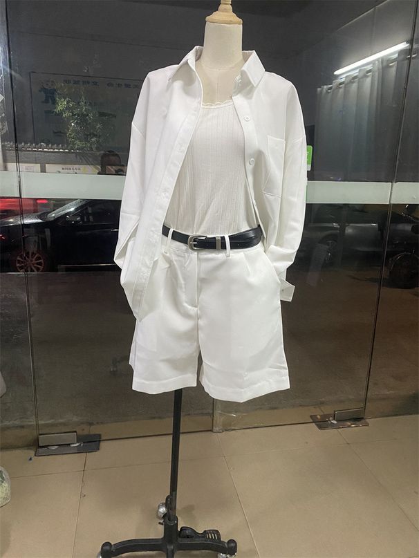 women's clothing 2024 new solid color fashionable casual long-sleeved shirts, belts and shorts women's suits_maomaolike.com