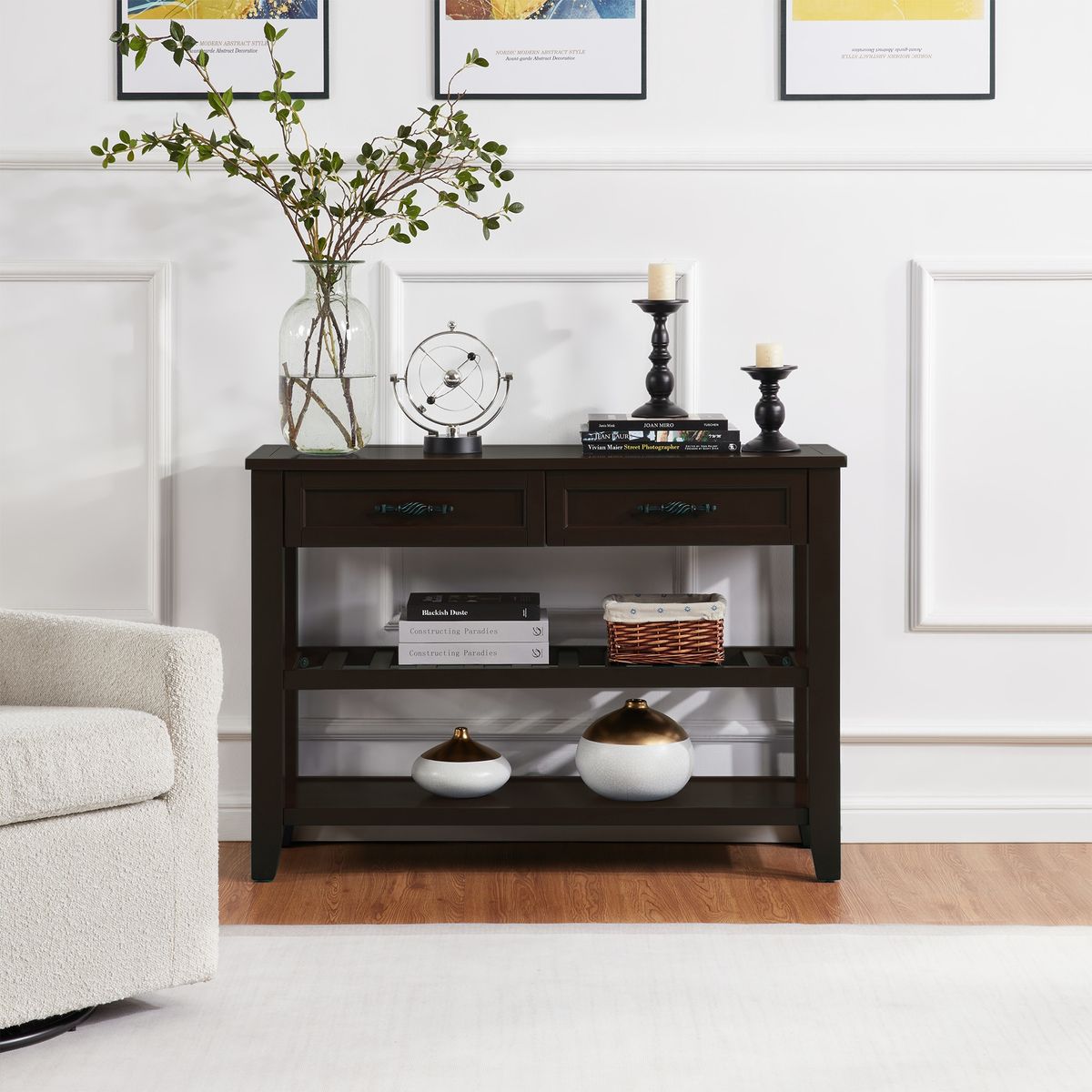 Retro Design Console Table With Two Open Shelves, Pine Solid Wood Frame And Legs For Living Room_maomaolike.com