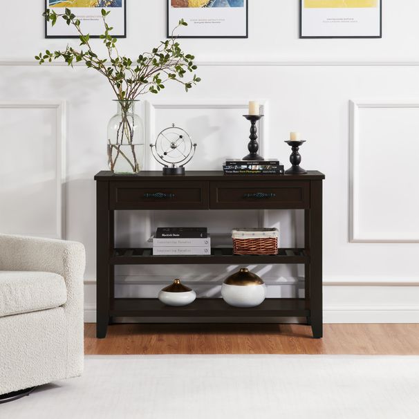 Retro Design Console Table With Two Open Shelves, Pine Solid Wood Frame And Legs For Living Room_maomaolike.com