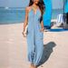 Women's Clothing deep V halterneck sleeveless pleated pocket back tie wide leg cuff long jumpsuit_maomaolike.com