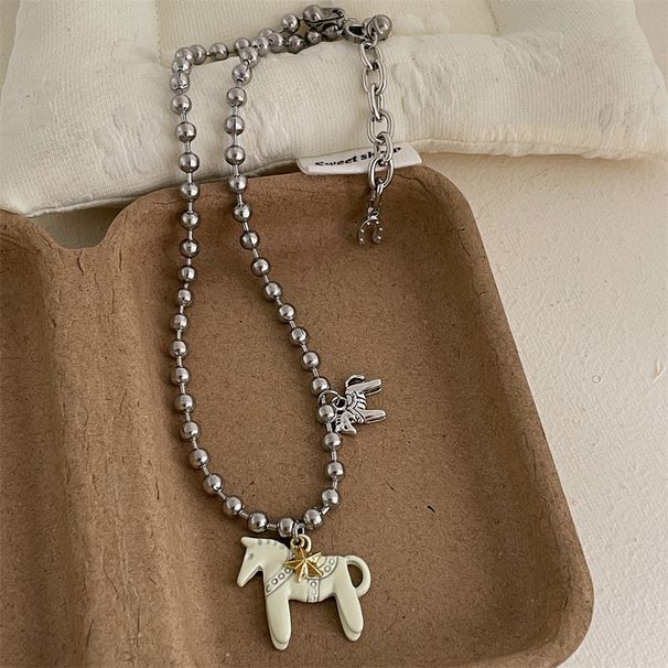 LATS White Black Green Blue Pink Color Enamel Colt Horse Pendant Necklaces For Women Silver Plated Alloy Beads Chain_maomaolike.com