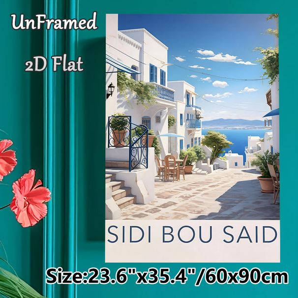 Sidi Bou Said Coastal Town Painting Poster, Soft-hued Mediterranean Seaside Town Scene Poster, Serene Scenic Artwork Ideal For Living Room, Bedroom_maomaolike.com