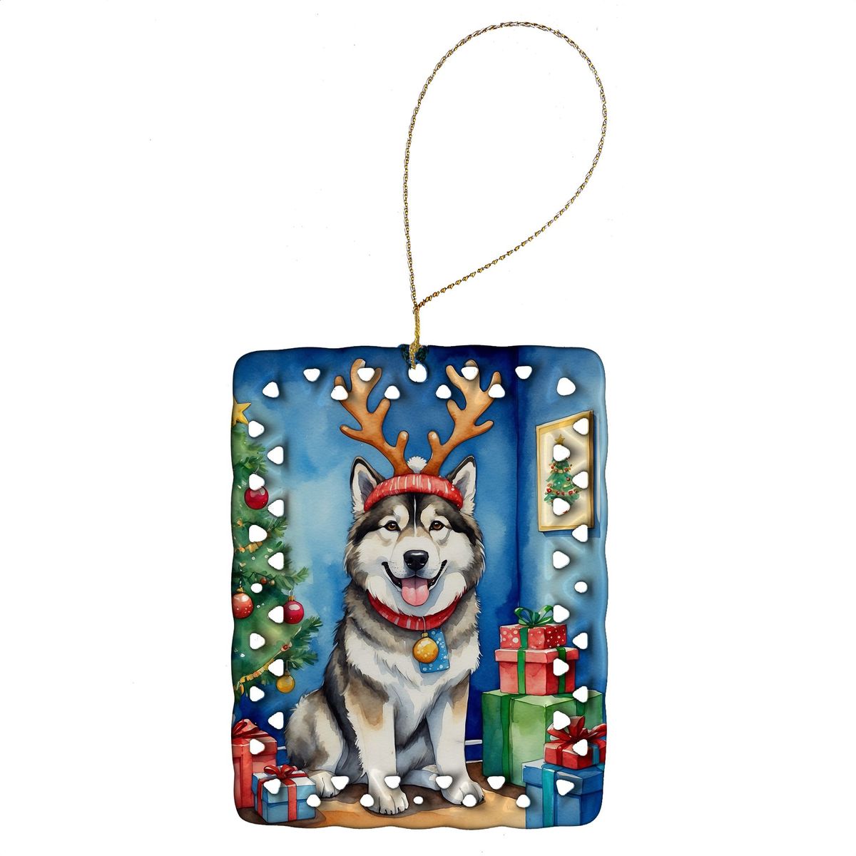Alaskan Malamute Christmas Reindeer Porcelain Ornament Christmas Tree Hanging Decorations For Home Christmas Holiday, Rectangle, Gift, Multicolor_maomaolike.com