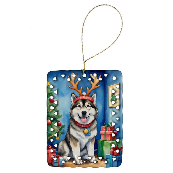 Alaskan Malamute Christmas Reindeer Porcelain Ornament Christmas Tree Hanging Decorations For Home Christmas Holiday, Rectangle, Gift, Multicolor_maomaolike.com