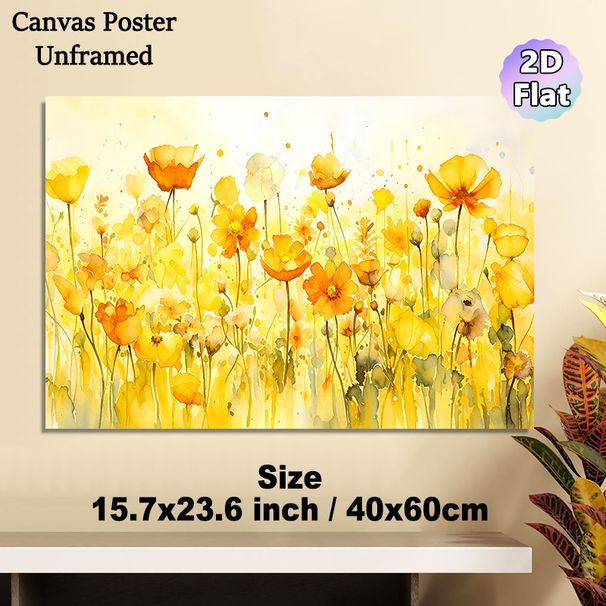 Yellow Wildflower Themed Painting Poster, Soft Watercolor Vibrant Yellow Wildflower Field Poster, Warm-toned Gentle Floral Decor Idea For Living Room_maomaolike.com