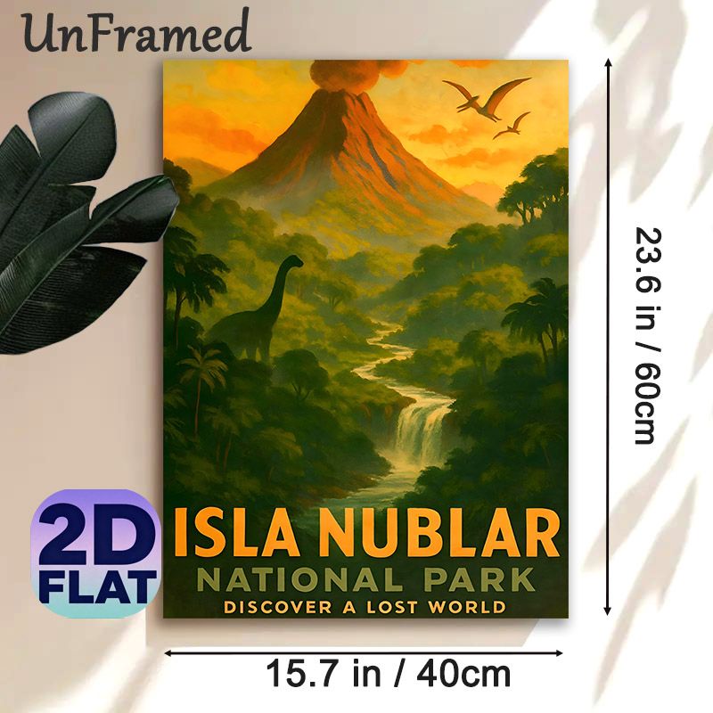 Isla Nublar Dinosaur Painting Poster, Vintage Prehistoric Landscape Poster, Captivating Scene Featuring Volcano, Dinosaurs And Waterfall, Ideal For_maomaolike.com