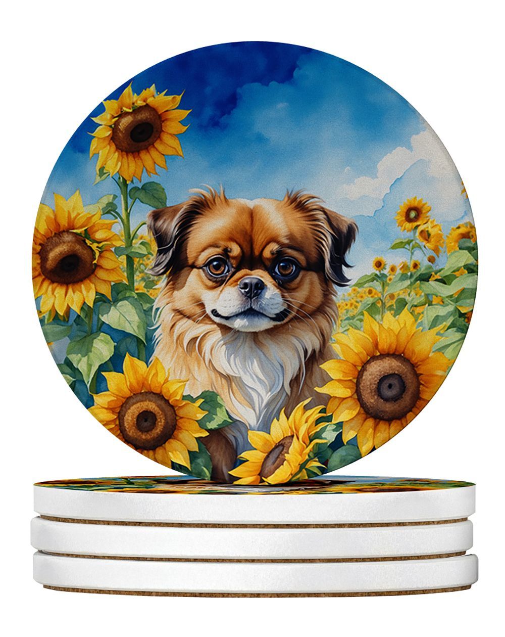 Tibetan Spaniel In Sunflowers Large Sandstone Coasters Pack Of 4 Absorbent Round Coasters Decor Gifts For Men Or Women, 4 In, Multicolor_maomaolike.com