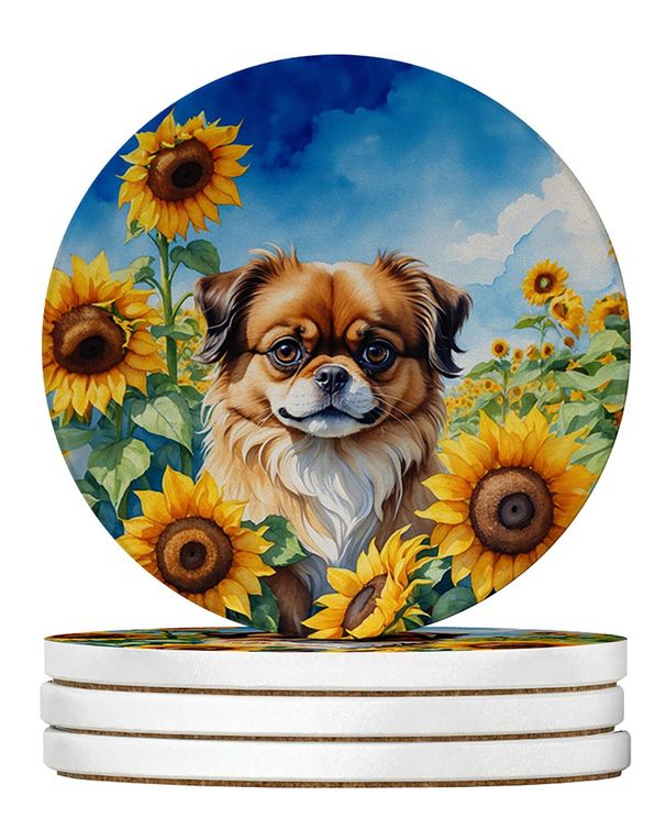 Tibetan Spaniel In Sunflowers Large Sandstone Coasters Pack Of 4 Absorbent Round Coasters Decor Gifts For Men Or Women, 4 In, Multicolor_maomaolike.com