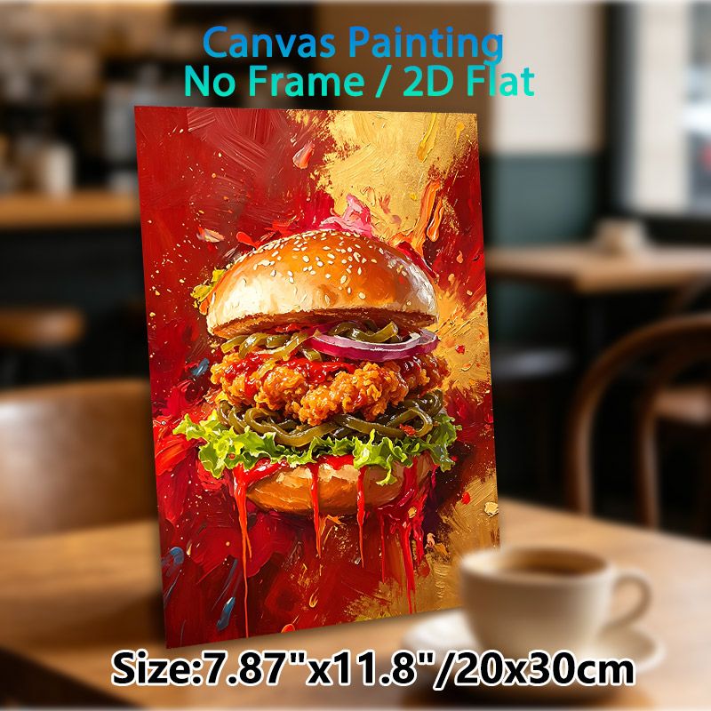 Crispy Chicken Burger Painting Poster, Vibrant Impasto-style Burger Poster, Bold Color-saturated Design Ideal For Diners, Kitchens And Food-themed_maomaolike.com