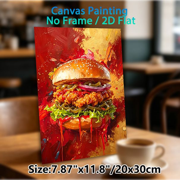 Crispy Chicken Burger Painting Poster, Vibrant Impasto-style Burger Poster, Bold Color-saturated Design Ideal For Diners, Kitchens And Food-themed_maomaolike.com