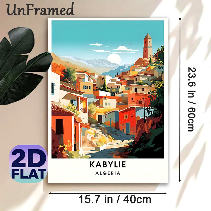 Kabylie Algeria Village Travel Painting Poster, Vibrant Retro Sunlit Hillside Village Scene Poster, Warm Travel-themed Decor Ideal For Living Room_maomaolike.com