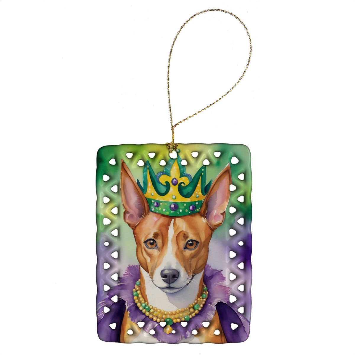 Basenji King Of Mardi Gras Porcelain Ornament Christmas Tree Hanging Decorations For Home Christmas Holiday, Rectangle, Gift, Multicolor_maomaolike.com