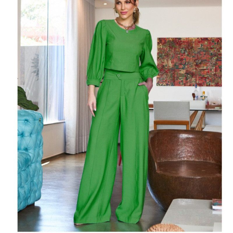 Women's clothing new fashion short long-sleeved tops high-waisted wide-leg pants two-piece set_maomaolike.com