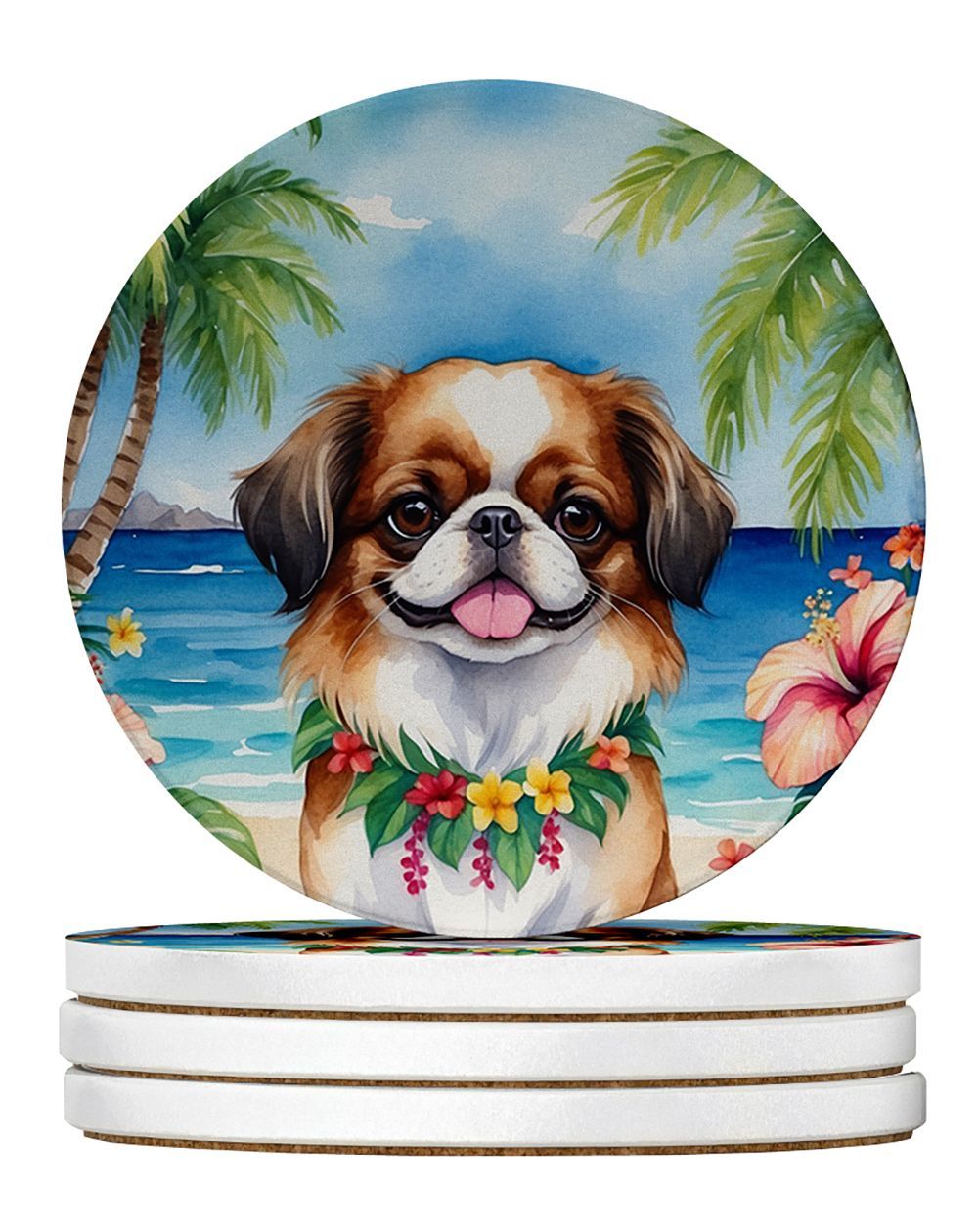 Japanese Chin Luau Large Sandstone Coasters Pack Of 4 Absorbent Round Coasters Decor Gifts For Men Or Women, 4 In, Multicolor_maomaolike.com