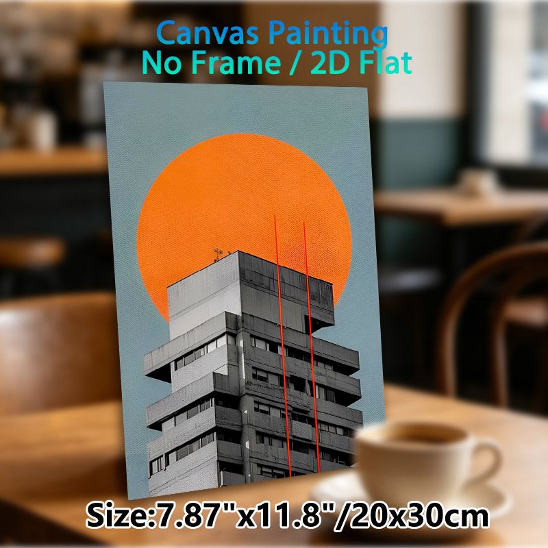 Modern Architecture Abstract Painting Poster, Minimalist Gray Geometric Building With Bold Orange Circle Poster, Sleek Urban Abstract Art For Living_maomaolike.com
