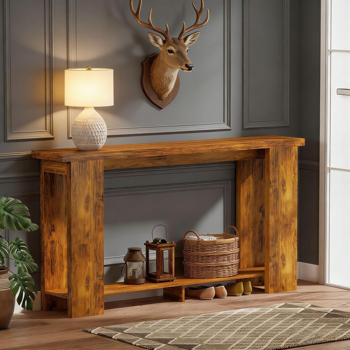 Farmhouse Console Table, 63" Narrow Entryway Table With Thickened Tabletop_maomaolike.com